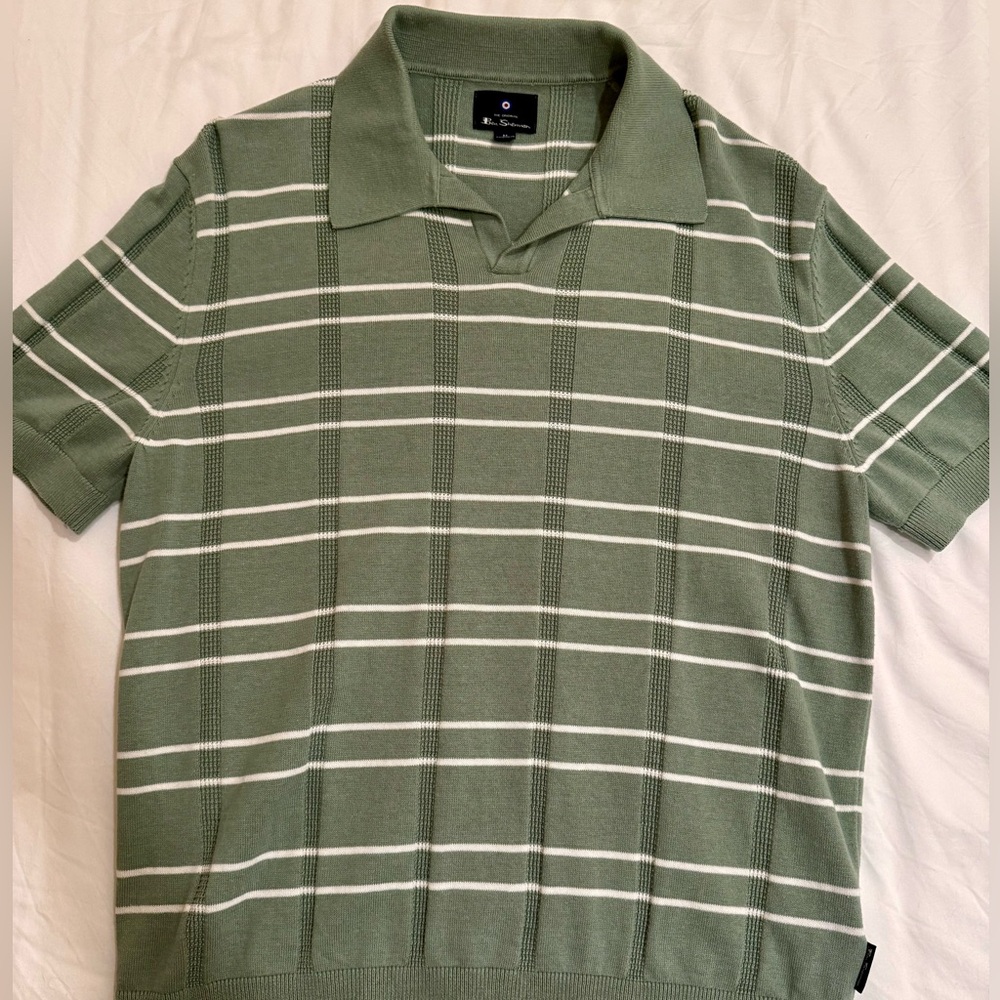 Ben Sherman Green and White Striped Knit Polo